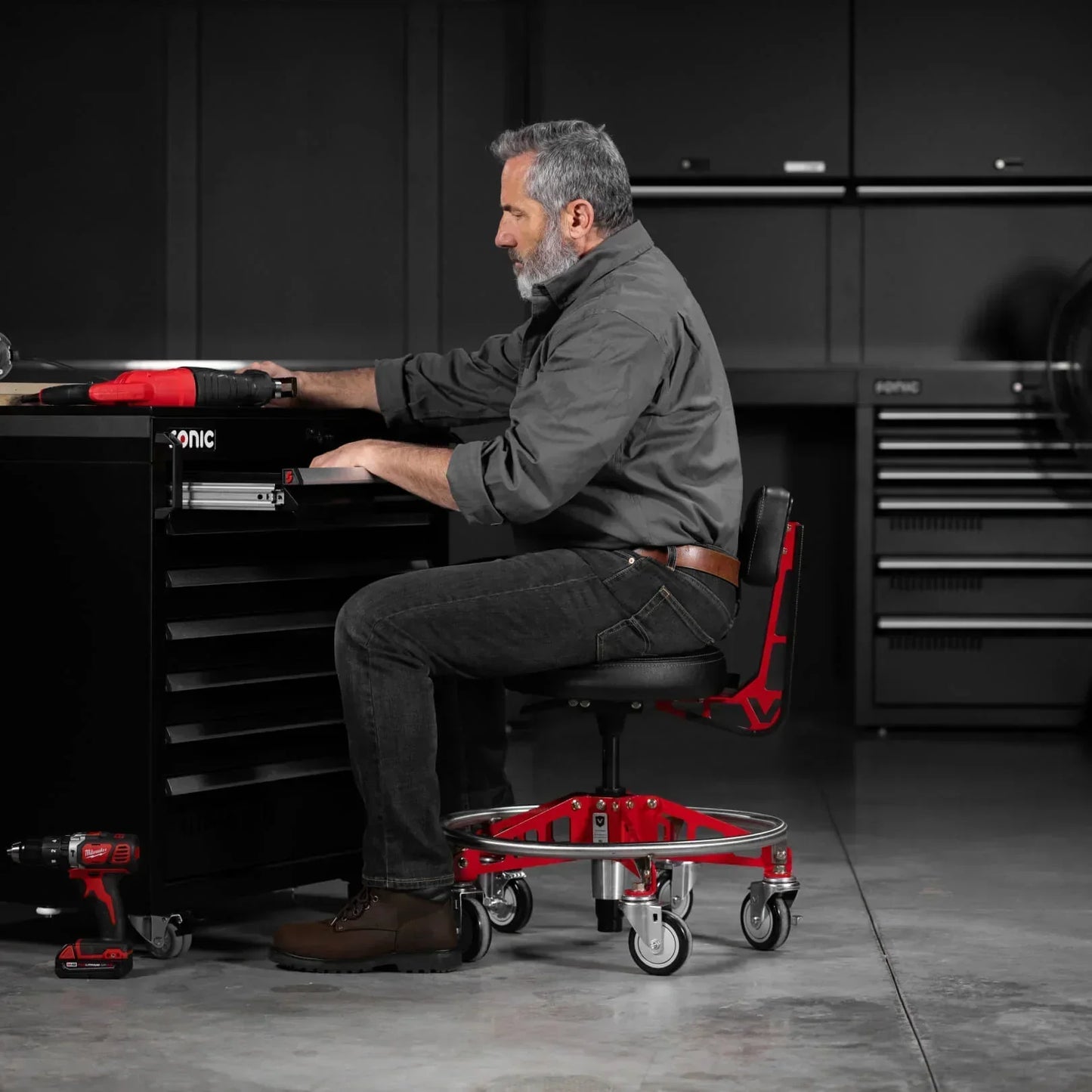 Professional Adjustable Rolling Shop Stool Set | Low & High Height